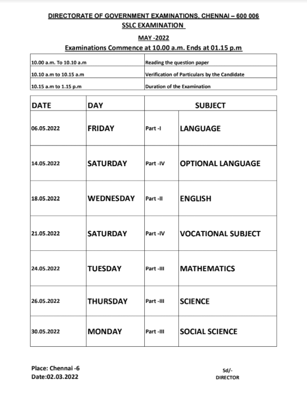 10th Public Exam Time Table 2021-22