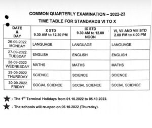 6th to 10th Quarterly Exam Time Table 2022