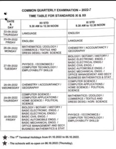 12th Quarterly Exam Time Table 2022 Pondicherry